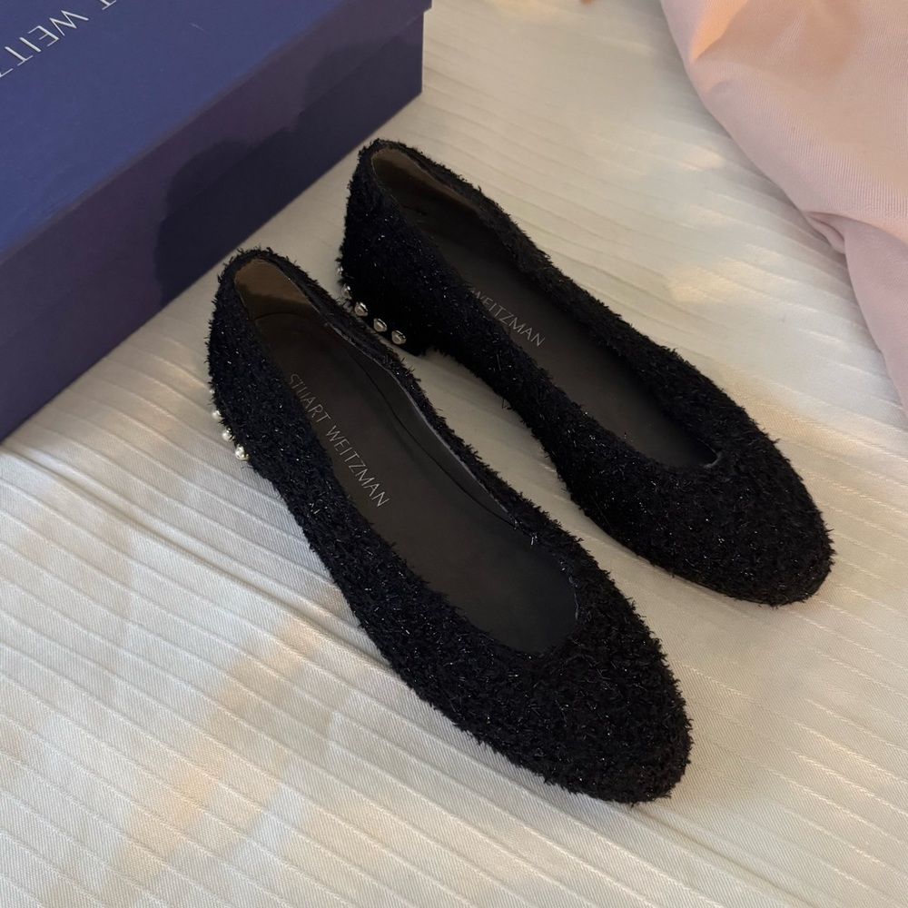 Stuart Weitzman Chicpearl Pearl Flats Black Tweed Size 7